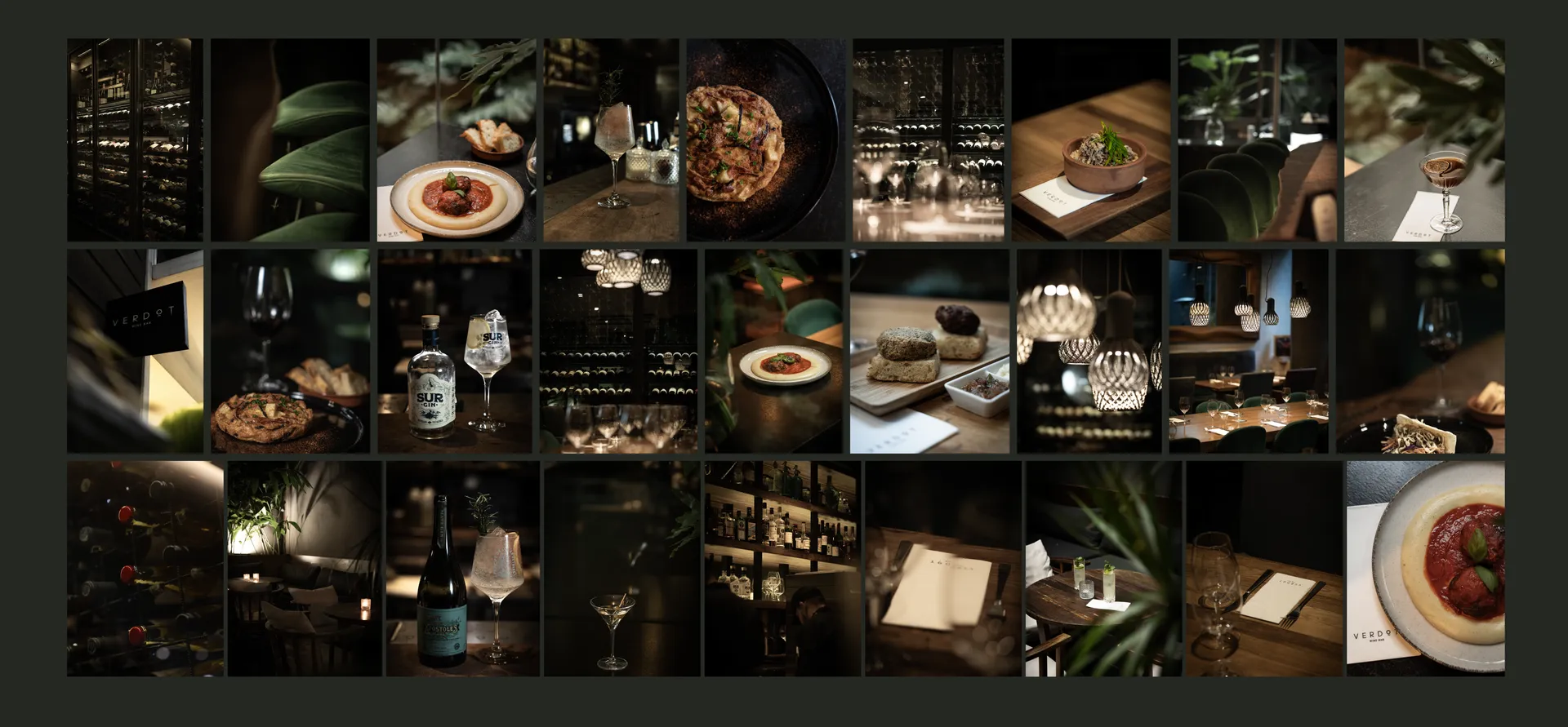 Collage de Verdot Wine Bar: barra, vinos, gente brindando y platos en la cocina
